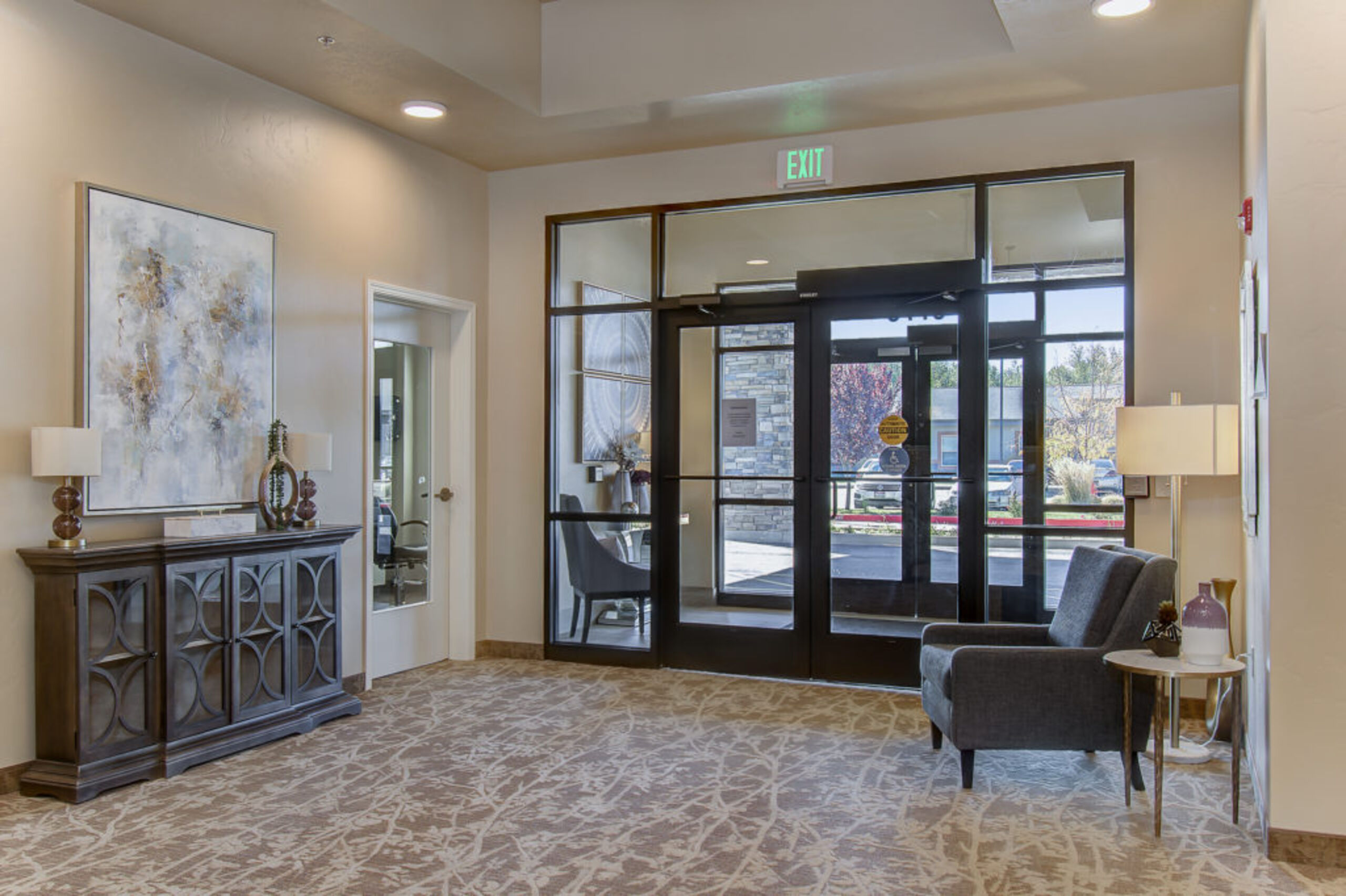 Interior view of a lobby area with seating and decor