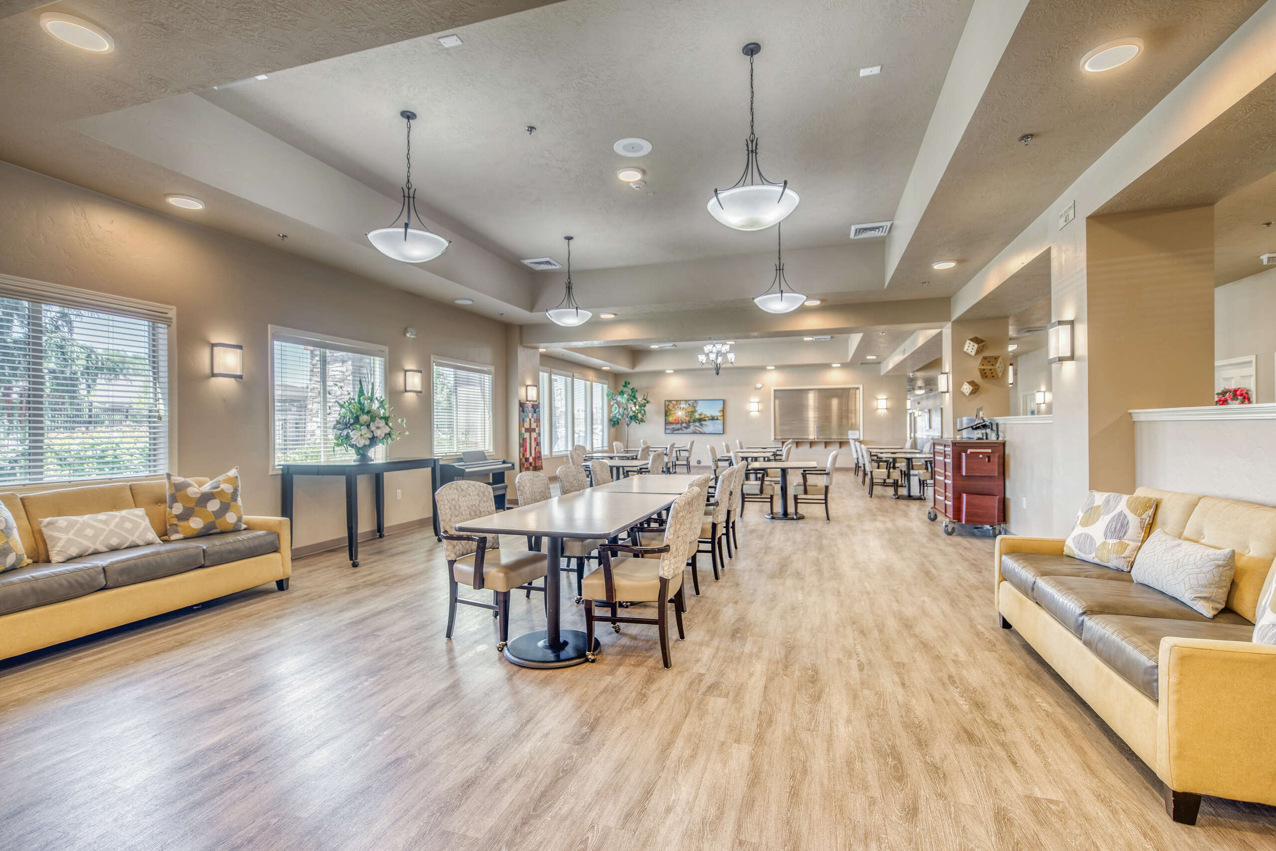 A welcoming dining and common area in the facility