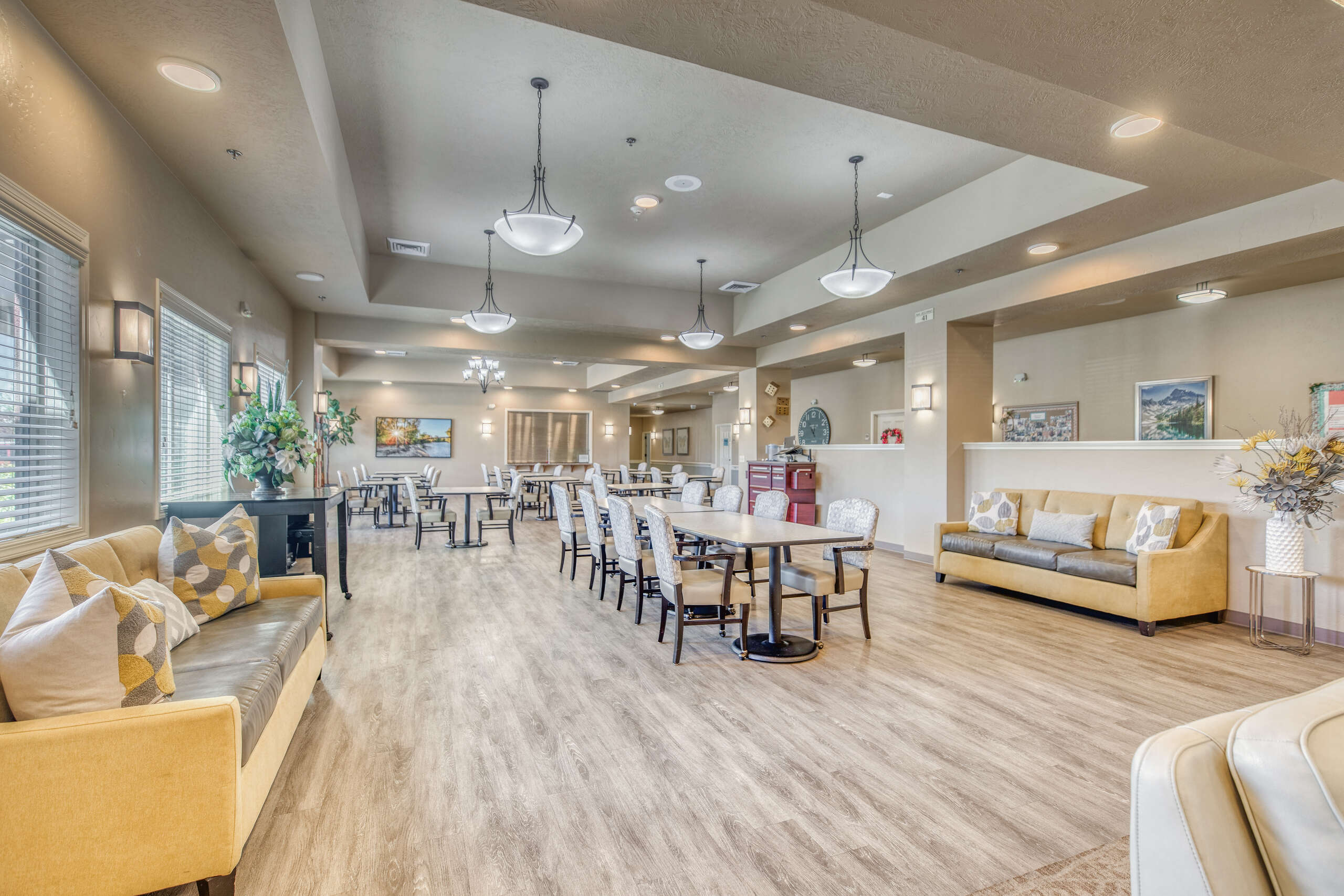 Bright and spacious common area with seating
