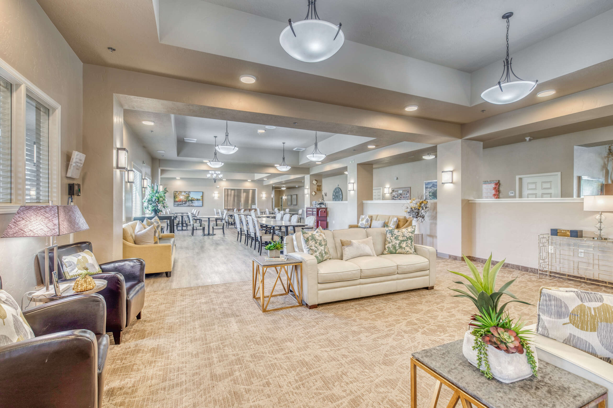 Bright and inviting common area with seating