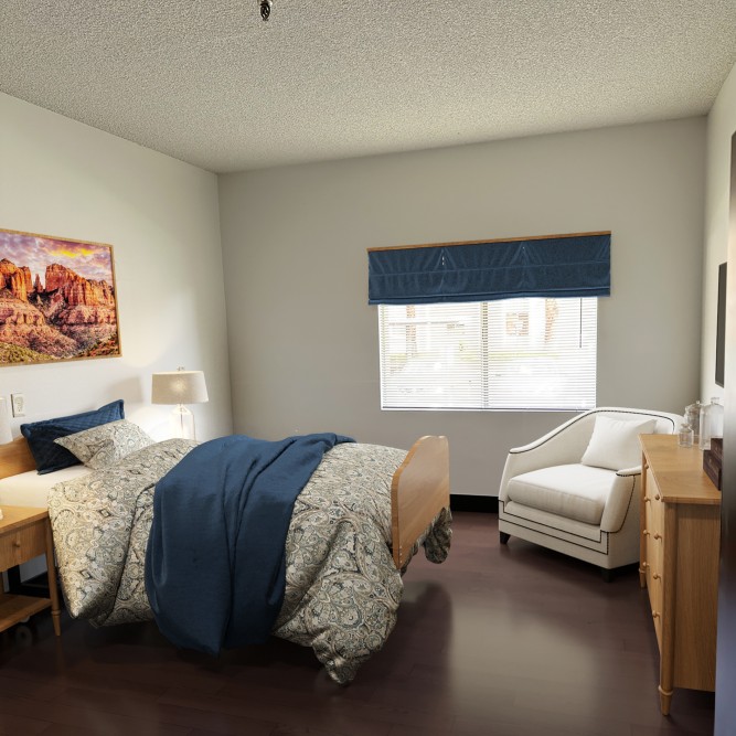Cozy resident bedroom with bed and chair.