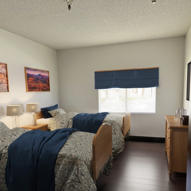 Cozy shared resident bedroom with two beds.