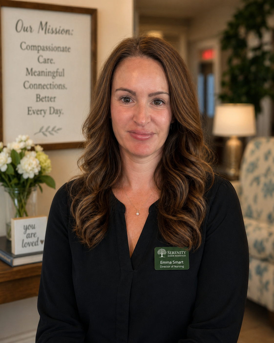 Staff member posing in the facility's welcoming area.