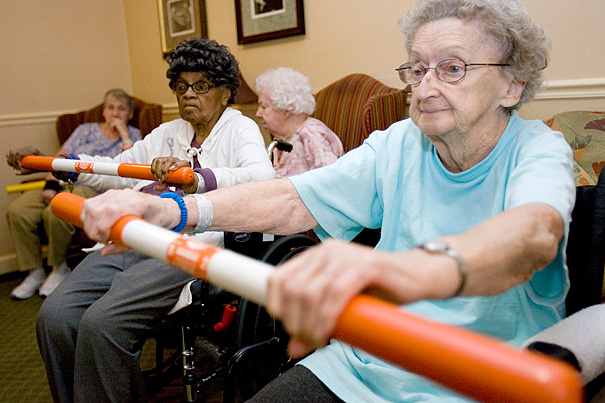 Residents participating in a group exercise session