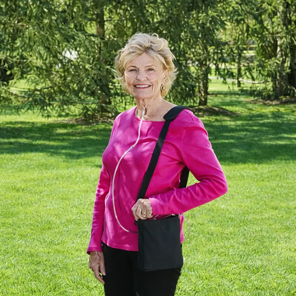 A smiling senior woman in a pink sweater outdoors.