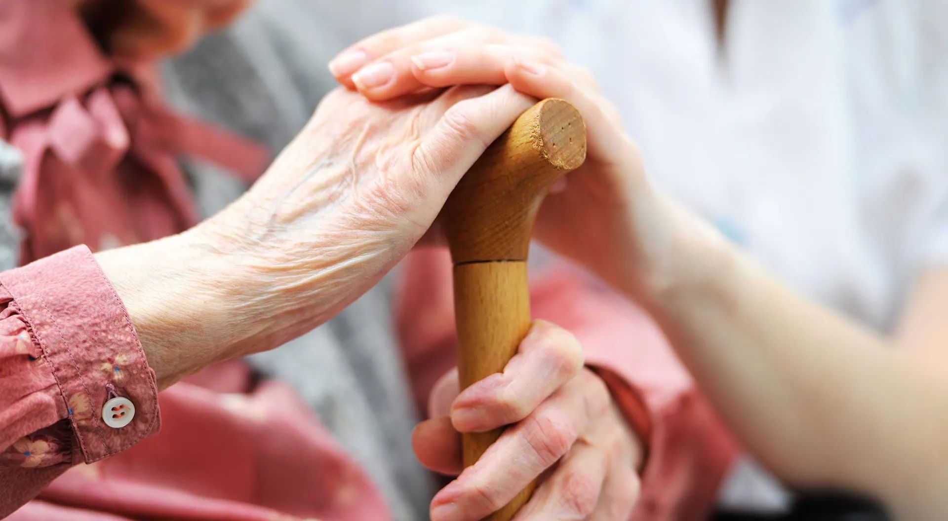 Close-up of elderly hands holding a cane