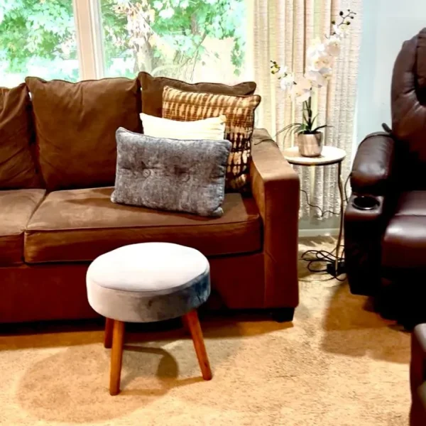 Cozy seating area with a brown couch and decorative pillows.
