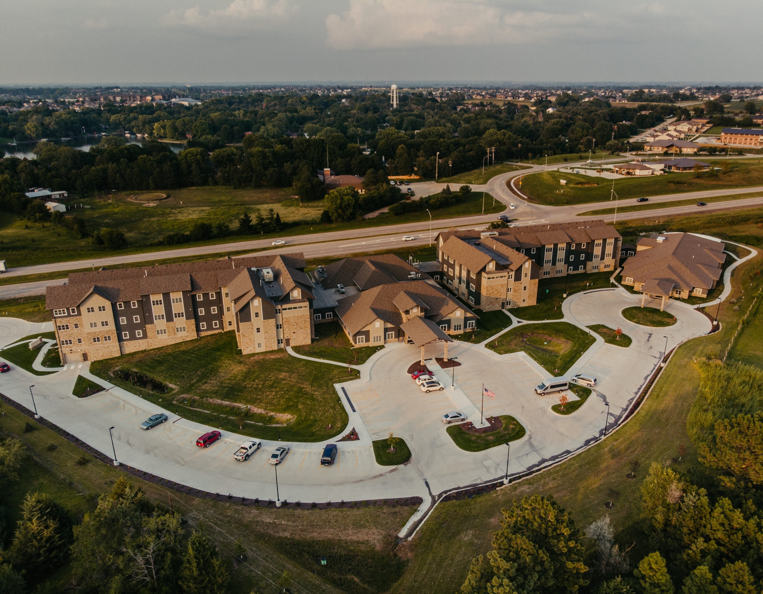 Aerial view of Pemberly Place facility exterior.