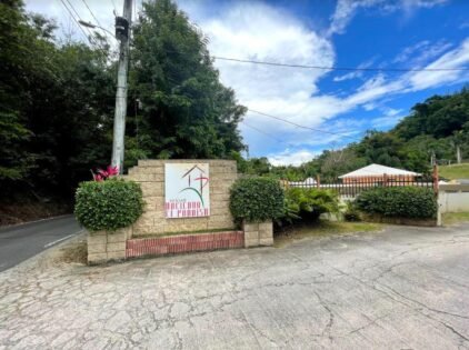 Entrance sign with landscaping and road view