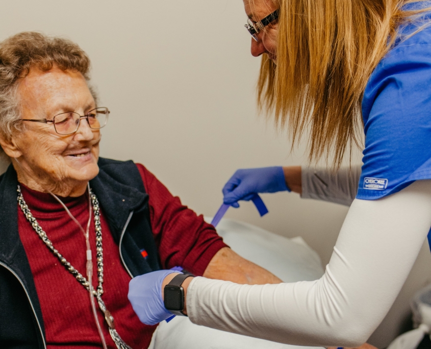 Healthcare interactions between a staff member and a resident