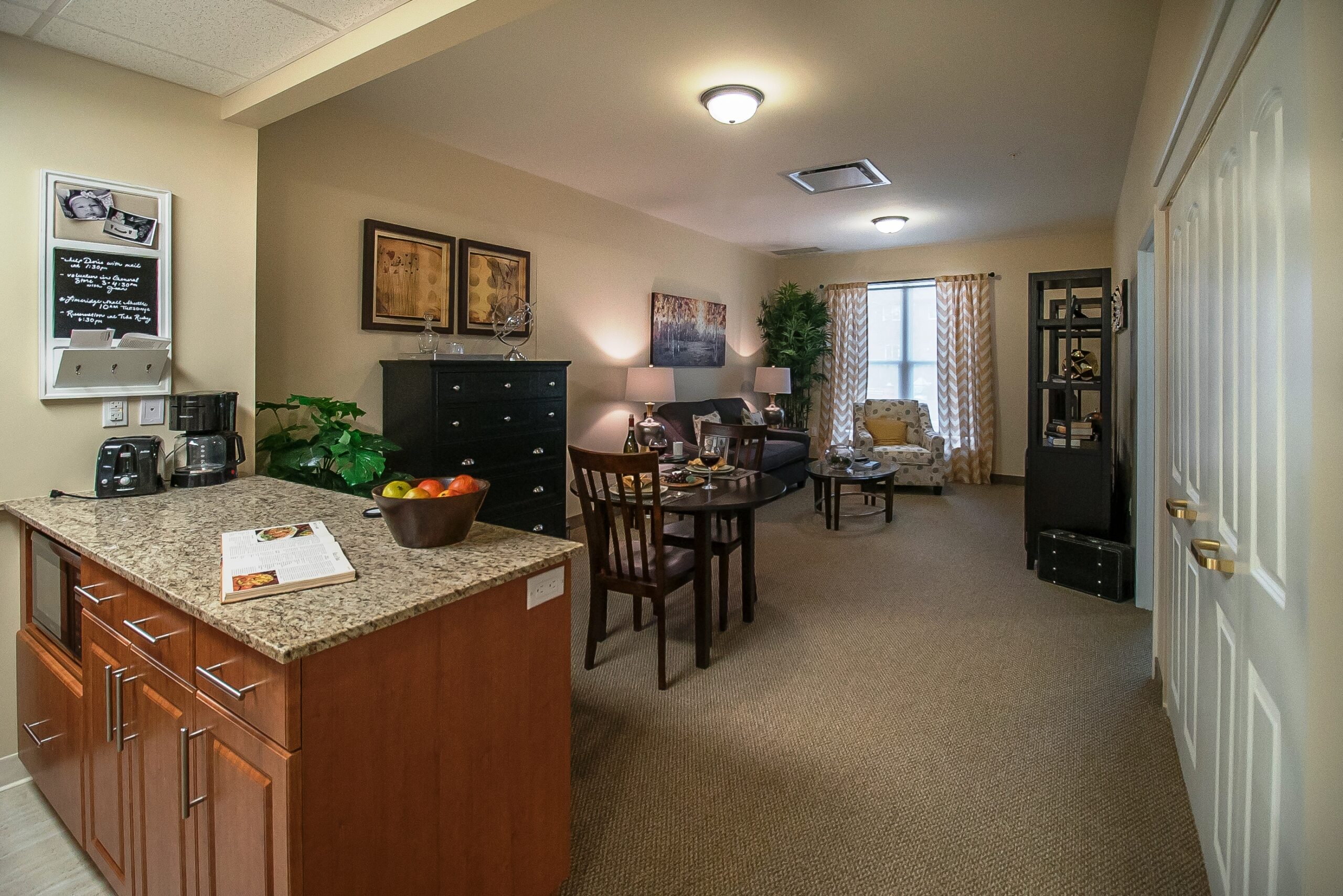 Cozy living area in a resident's room