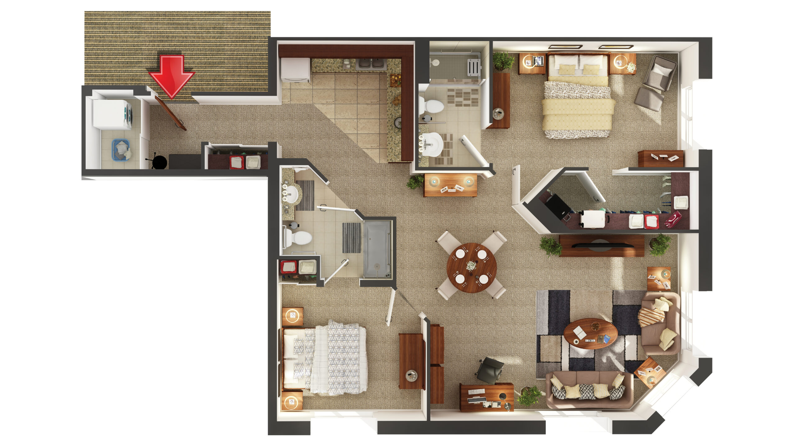 Architectural floor plan of a resident living unit.