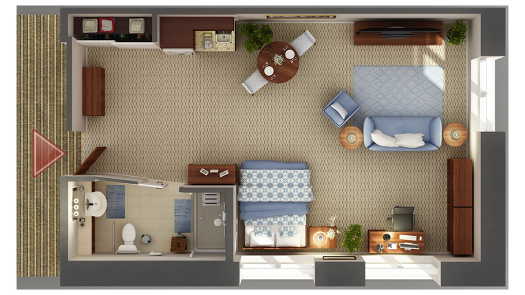 Private room layout in a nursing facility.