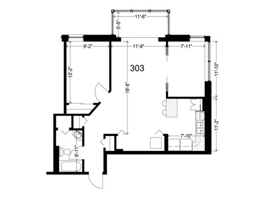 Architectural floor plan of a living unit.