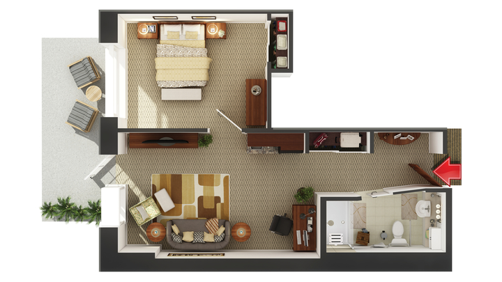 Architectural floor plan of a resident room layout.