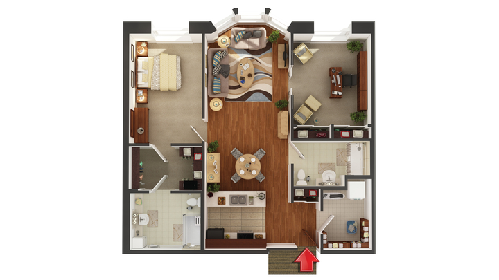 Architectural floor plan of a shared living space.
