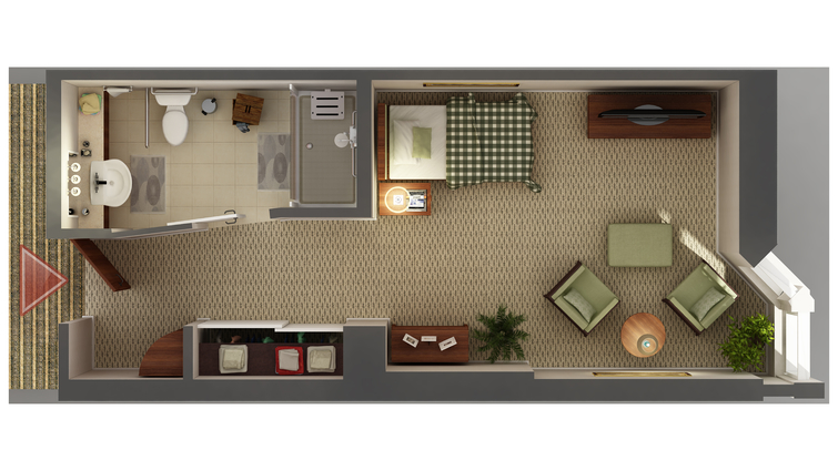 Aerial view of a private resident room layout.