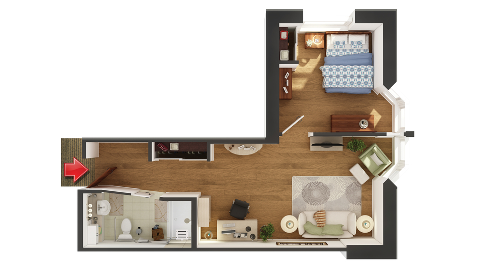 Architectural floor plan of a resident room layout.