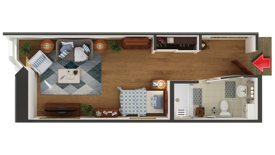 Floor plan of a resident room with furniture layout.