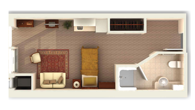 Layout of a private resident room with basic furniture.