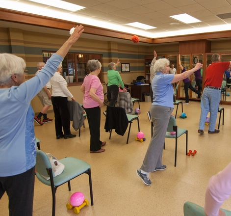 Seniors engaging in an exercise class indoors.