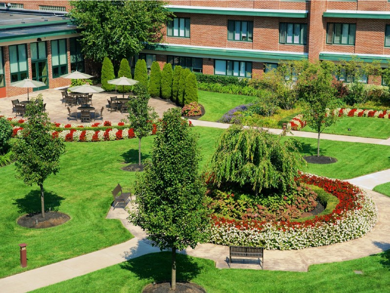 A landscaped outdoor garden area with seating