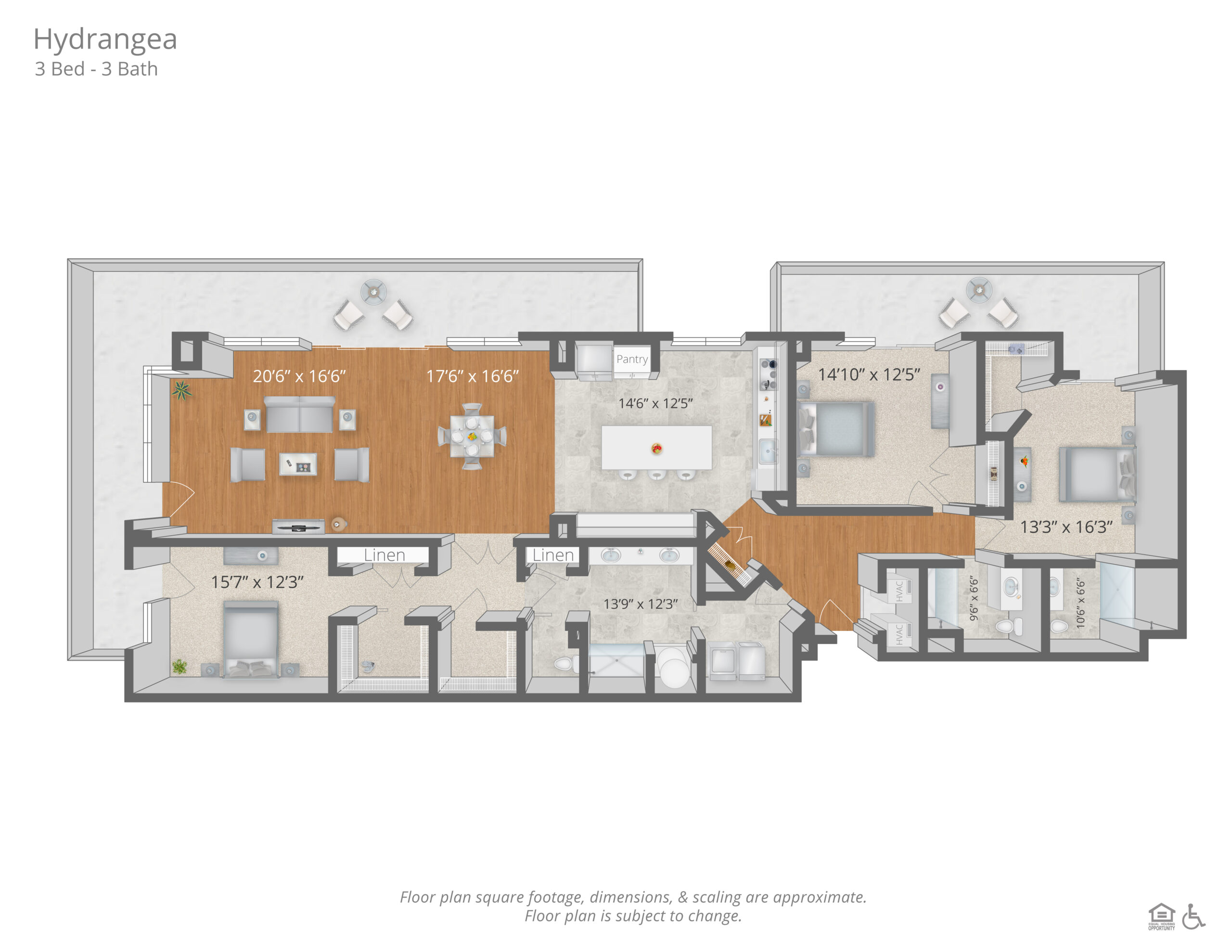 Architectural floor plan of a 3-bedroom unit