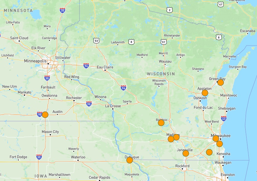 Map showing locations in Wisconsin
