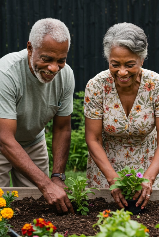 Elderly couple gardening together outdoors