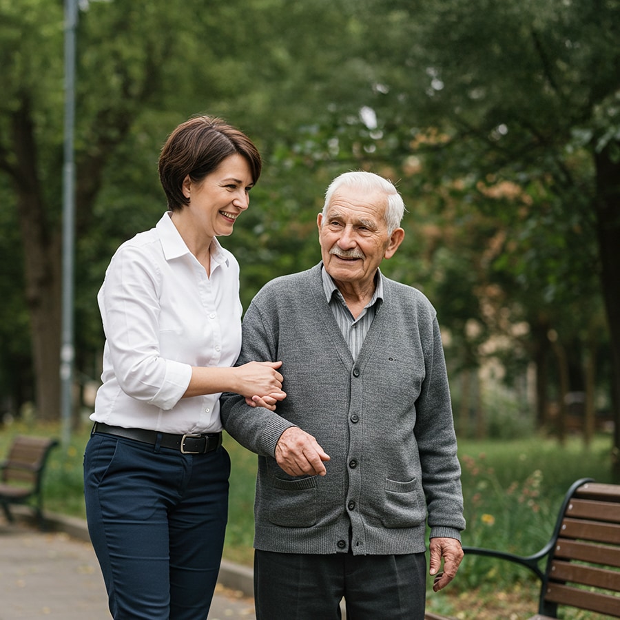 Caregiver assisting a senior man in a park.