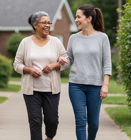 A senior woman walking with a caregiver outdoors.