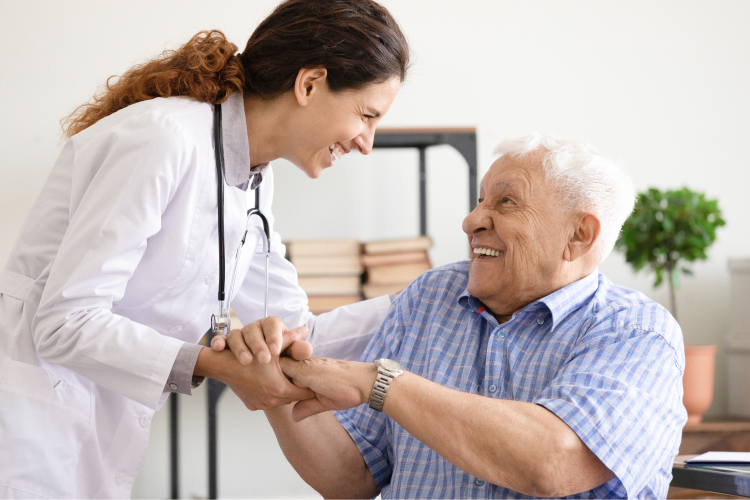 Health professional interacting with a senior resident