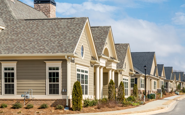 Exterior view of assisted living residential buildings.
