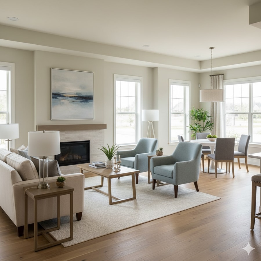 Bright and inviting common living area with furniture.