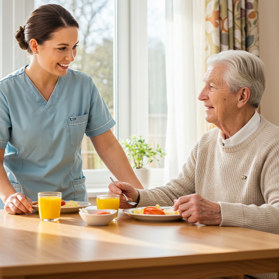 A caregiver serves breakfast to a senior resident.