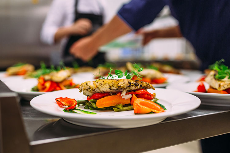 Plated food prepared in a dining area