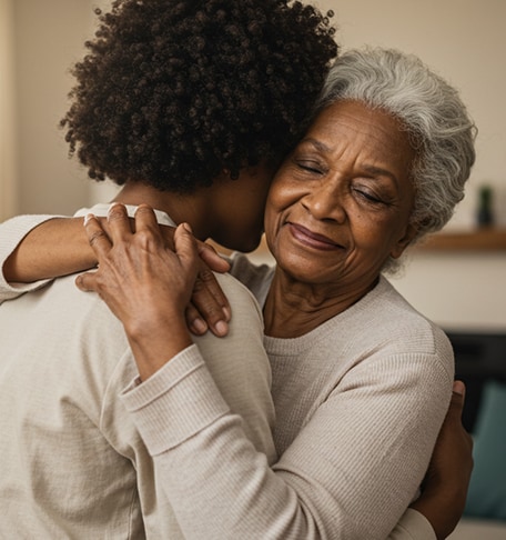 Two women sharing a warm embrace indoors.
