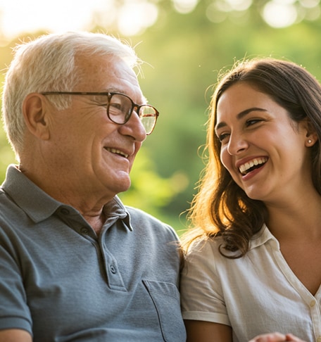 A senior man and a caregiver smiling together outdoors.