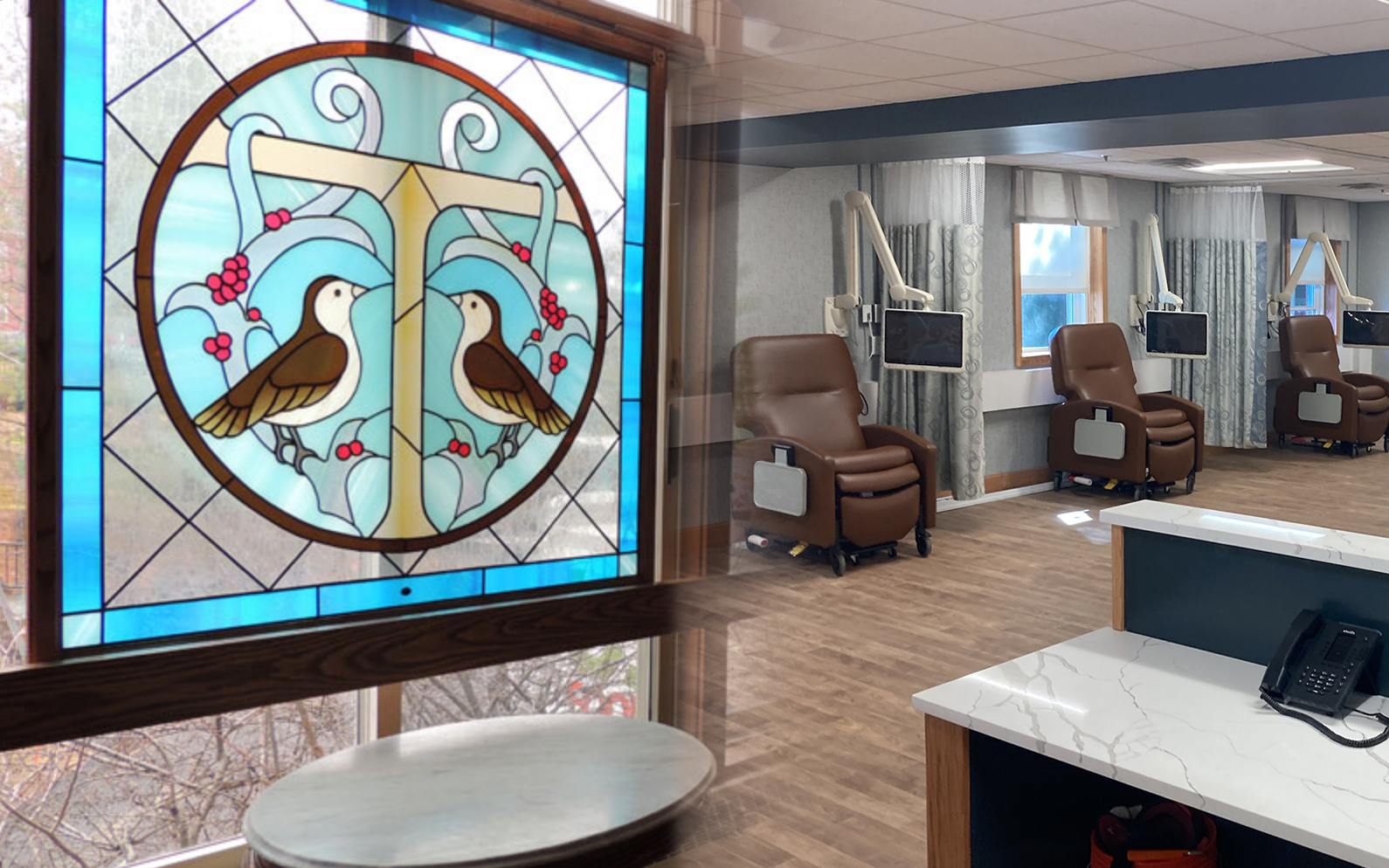 Stained glass window with doves in the facility interior.
