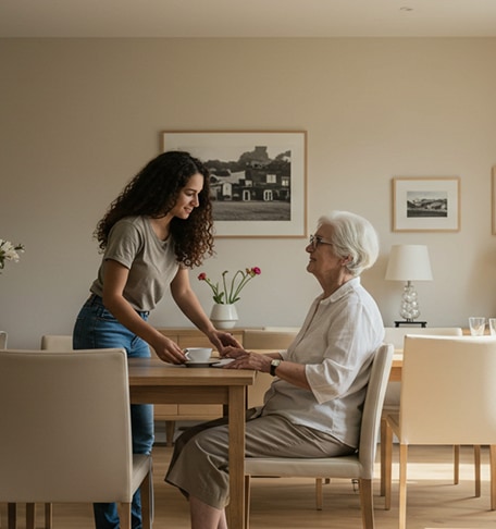 Caregiver assisting an elderly woman at a table.