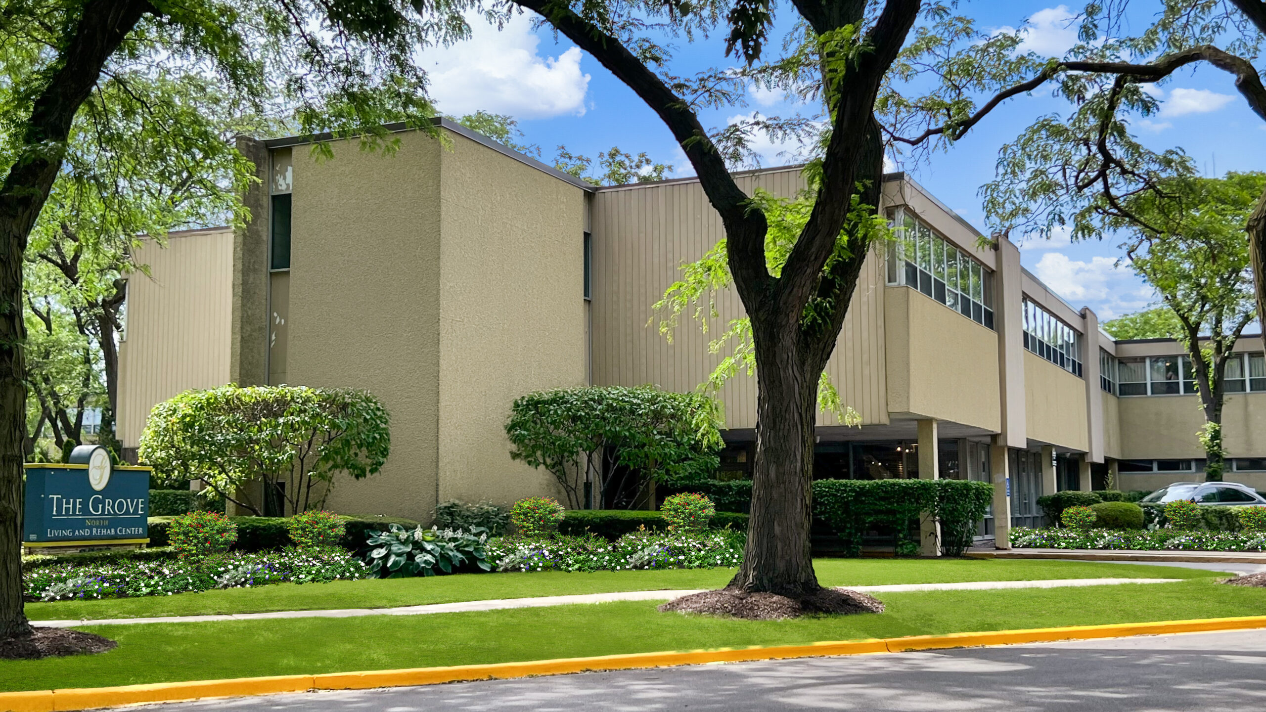Exterior view of The Grove building and landscaping.