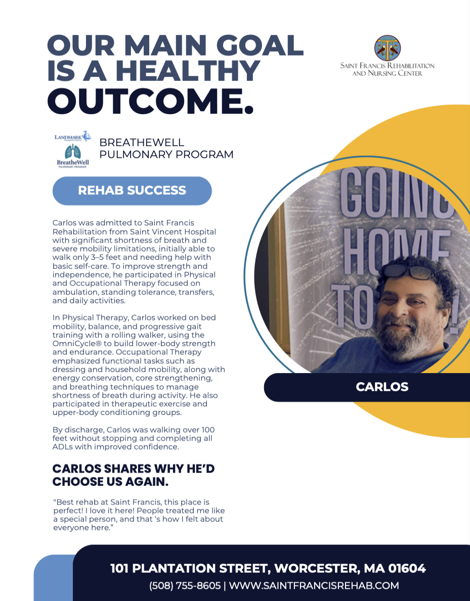 Resident named Carlos discussing rehabilitation success