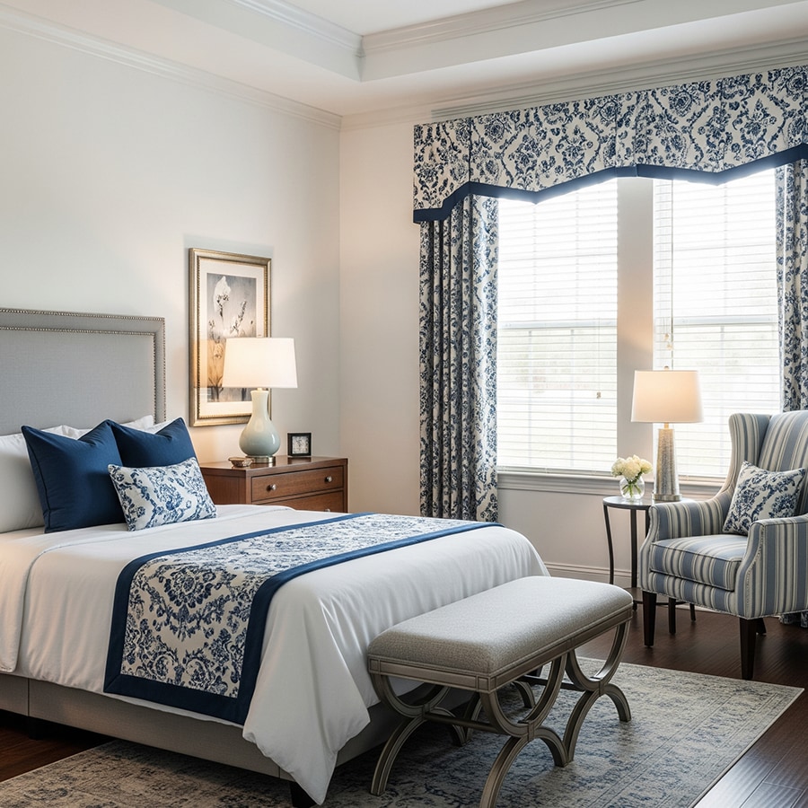 Cozy bedroom with elegant decor and natural light.