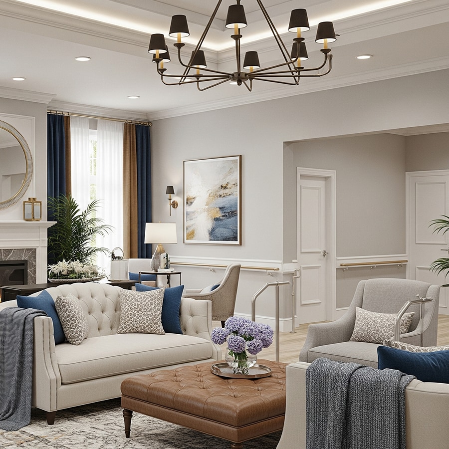 Common area with comfortable seating and decorative elements.