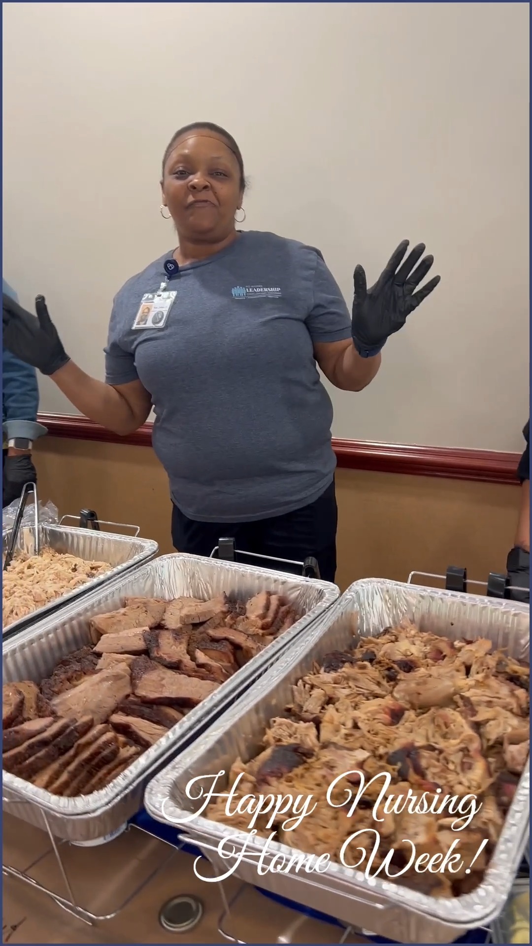 Staff member presenting food at event