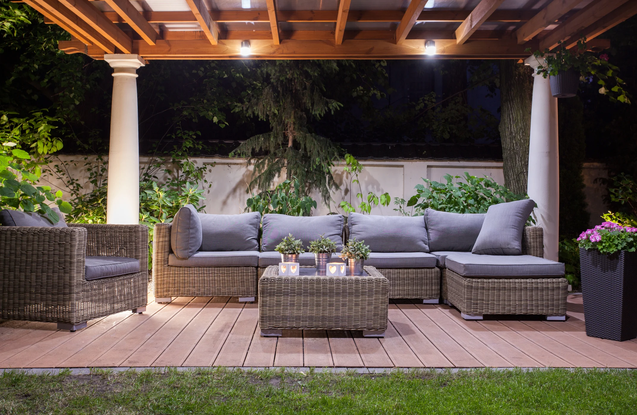 Outdoor seating area with a cozy ambiance.