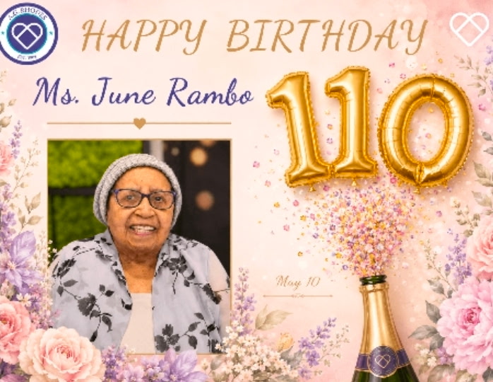 Resident celebrating 110th birthday with decorations.