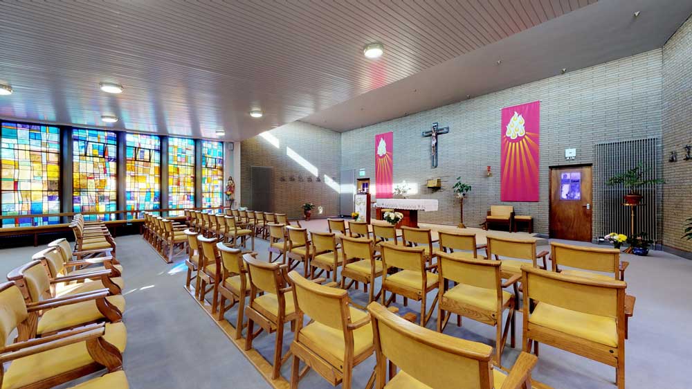 Interior view of a chapel with seating