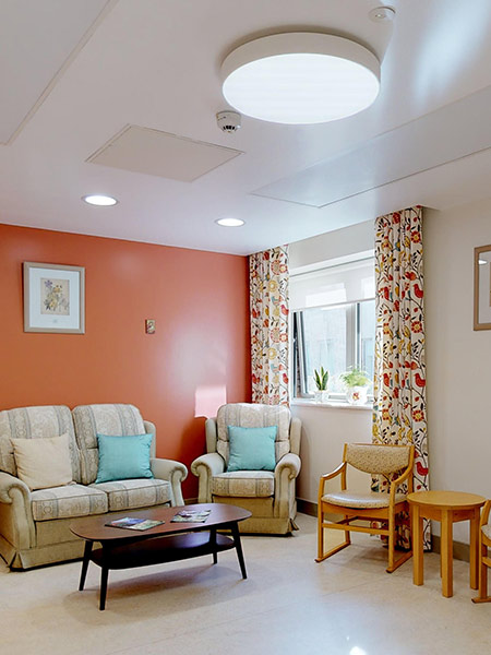 Comfortable sitting area in a bright lounge