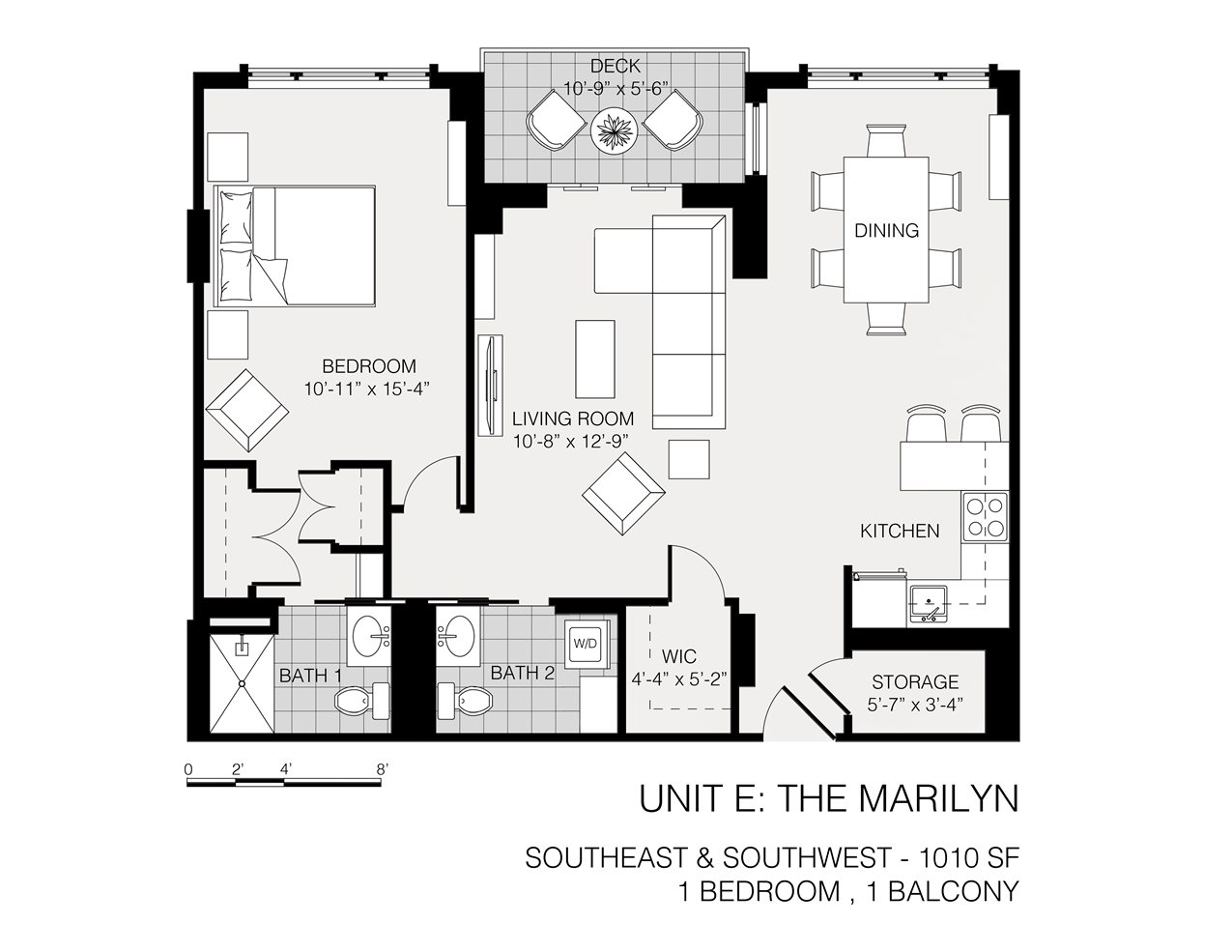 Architectural floor plan for a one-bedroom unit